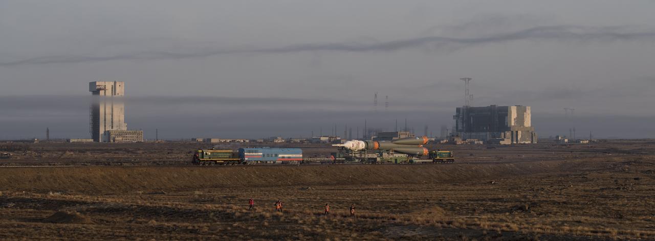 The Soyuz rocket is rolled out by train to the launch pad, Monday, March 19, 2018 at the Baikonur Cosmodrome in Kazakhstan. Expedition 55 crewmembers Ricky Arnold and Drew Feustel of NASA and Oleg Artemyev of Roscosmos are scheduled to launch at 1:44 p.m. Eastern time (11:44 p.m. Baikonur time) on March 21 and will spend the next five months living and working aboard the International Space Station. Photo Credit: (NASA/Joel Kowsky)