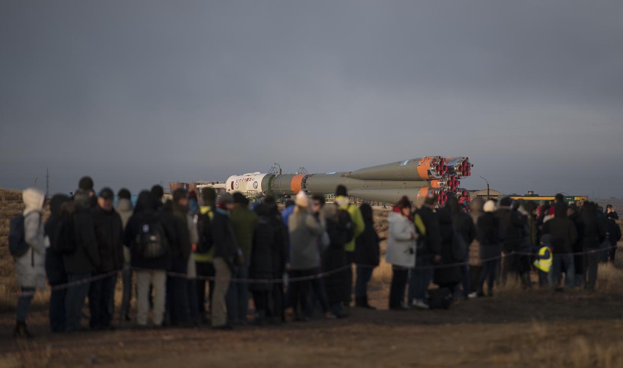The Soyuz rocket is rolled out by train to the launch pad, Monday, March 19, 2018 at the Baikonur Cosmodrome in Kazakhstan. Expedition 55 crewmembers Ricky Arnold and Drew Feustel of NASA and Oleg Artemyev of Roscosmos are scheduled to launch at 1:44 p.m. Eastern time (11:44 p.m. Baikonur time) on March 21 and will spend the next five months living and working aboard the International Space Station. Photo Credit: (NASA/Joel Kowsky)