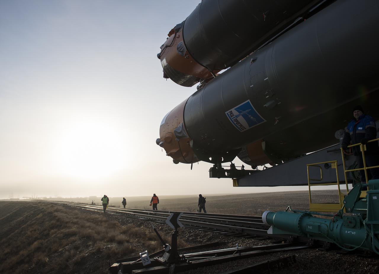 The Soyuz rocket is rolled out by train to the launch pad, Monday, March 19, 2018 at the Baikonur Cosmodrome in Kazakhstan. Expedition 55 crewmembers Ricky Arnold and Drew Feustel of NASA and Oleg Artemyev of Roscosmos are scheduled to launch at 1:44 p.m. Eastern time (11:44 p.m. Baikonur time) on March 21 and will spend the next five months living and working aboard the International Space Station. Photo Credit: (NASA/Joel Kowsky)