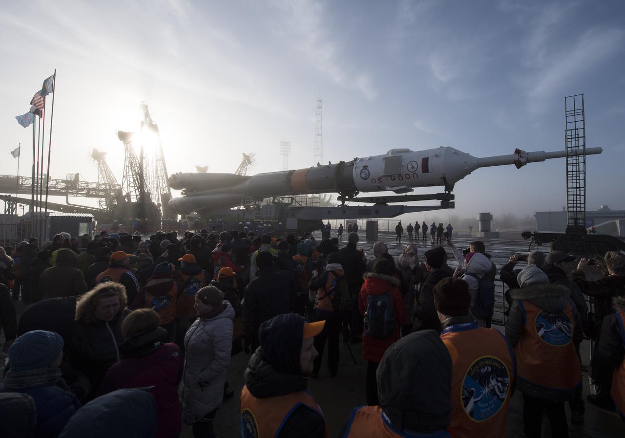 The Soyuz rocket is seen on the launch pad shortly after being rolled out by train, Monday, March 19, 2018 at the Baikonur Cosmodrome in Kazakhstan. Expedition 55 crewmembers Ricky Arnold and Drew Feustel of NASA and Oleg Artemyev of Roscosmos are scheduled to launch at 1:44 p.m. Eastern time (11:44 p.m. Baikonur time) on March 21 and will spend the next five months living and working aboard the International Space Station.  Photo Credit: (NASA/Joel Kowsky)