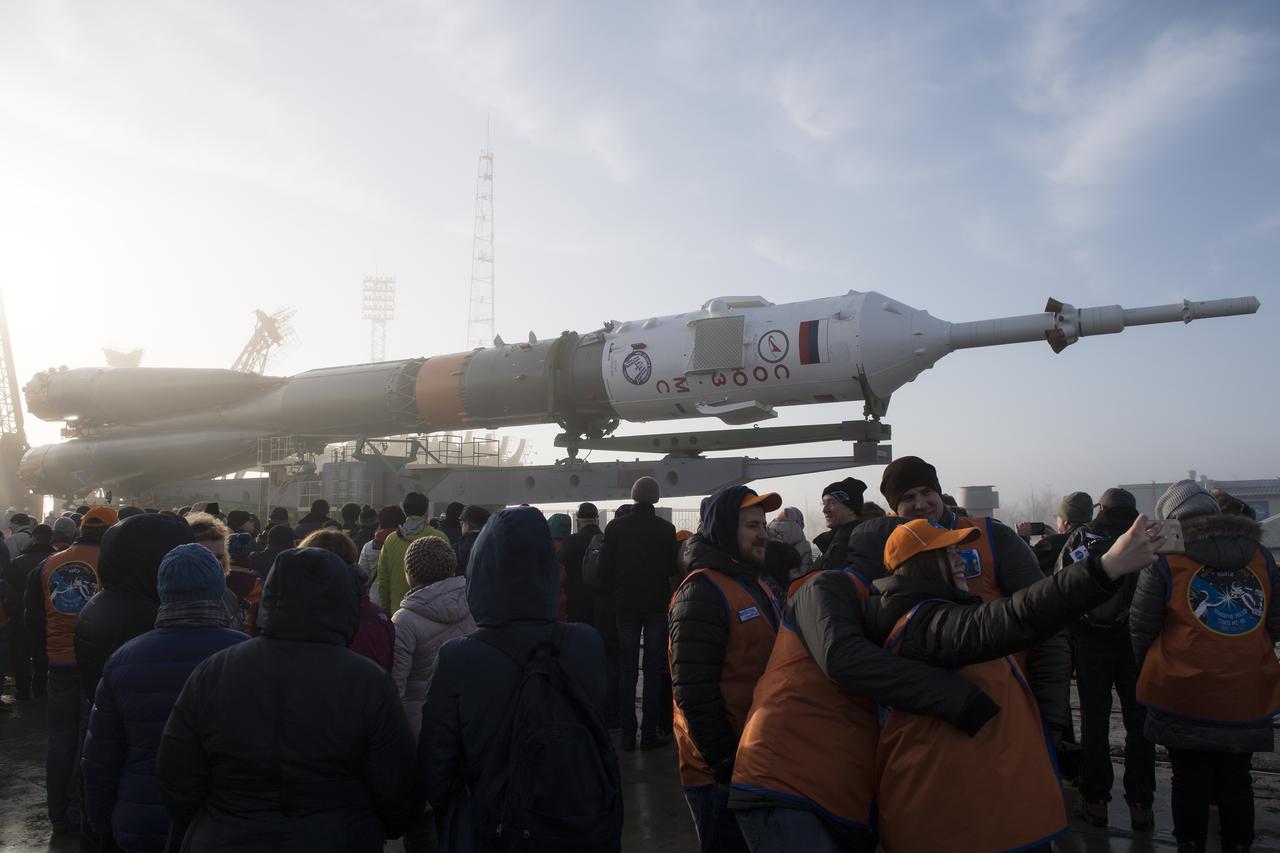 The Soyuz rocket is seen on the launch pad shortly after being rolled out by train, Monday, March 19, 2018 at the Baikonur Cosmodrome in Kazakhstan. Expedition 55 crewmembers Ricky Arnold and Drew Feustel of NASA and Oleg Artemyev of Roscosmos are scheduled to launch at 1:44 p.m. Eastern time (11:44 p.m. Baikonur time) on March 21 and will spend the next five months living and working aboard the International Space Station. Photo Credit: (NASA/Joel Kowsky)