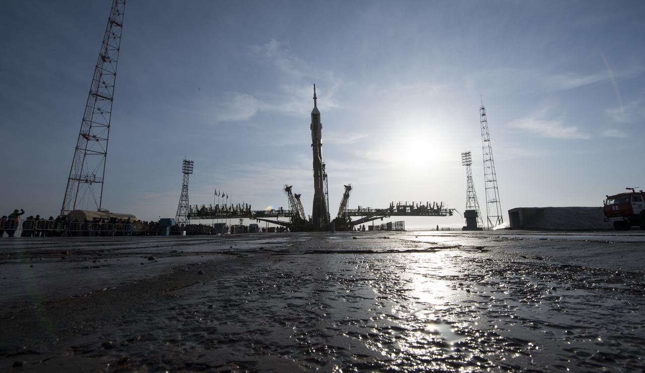 The Soyuz rocket is raised into a vertical position on the launch pad, Monday, March 19, 2018 at the Baikonur Cosmodrome in Kazakhstan. Expedition 55 crewmembers Ricky Arnold and Drew Feustel of NASA and Oleg Artemyev of Roscosmos are scheduled to launch at 1:44 p.m. Eastern time (11:44 p.m. Baikonur time) on March 21 and will spend the next five months living and working aboard the International Space Station.  Photo Credit: (NASA/Joel Kowsky)
