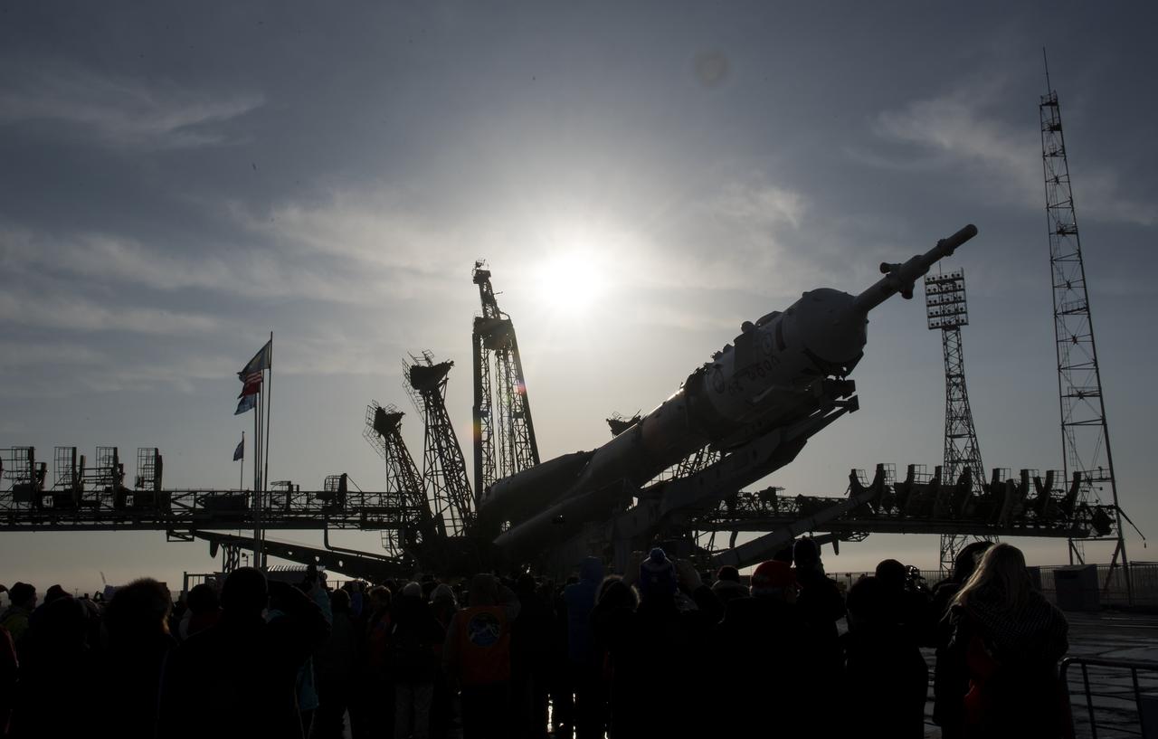The Soyuz rocket is raised into a vertical position on the launch pad, Monday, March 19, 2018 at the Baikonur Cosmodrome in Kazakhstan. Expedition 55 crewmembers Ricky Arnold and Drew Feustel of NASA and Oleg Artemyev of Roscosmos are scheduled to launch at 1:44 p.m. Eastern time (11:44 p.m. Baikonur time) on March 21 and will spend the next five months living and working aboard the International Space Station.  Photo Credit: (NASA/Joel Kowsky)