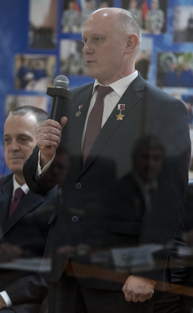 Expedition 55 Soyuz Commander Oleg Artemyev of Roscosmos is seen during the State Commission meeting to approve the Soyuz launch of Expedition 55 to the International Space Station, Tuesday, March 20, 2018. Artemyev, along with Ricky Arnold and Drew Feustel of NASA are scheduled to launch to the International Space Station aboard the Soyuz MS-08 spacecraft on Wednesday, March, 21. Photo Credit: (NASA/Joel Kowsky)