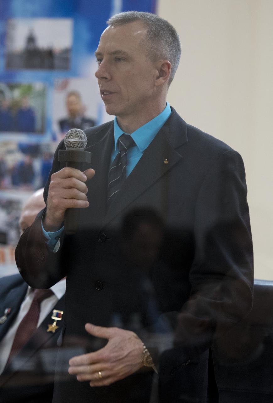 Expedition 55 flight engineer Drew Feustel of NASA is seen during the State Commission meeting to approve the Soyuz launch of Expedition 55 to the International Space Station, Tuesday, March 20, 2018. Feustel, Soyuz Commander Oleg Artemyev of Roscosmos, and flight engineer Ricky Arnold of NASA are scheduled to launch to the International Space Station aboard the Soyuz MS-08 spacecraft on Wednesday, March, 21. Photo Credit: (NASA/Joel Kowsky)