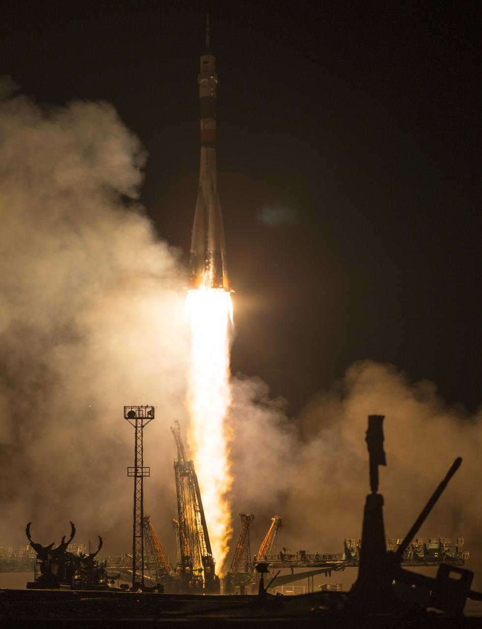 The Soyuz MS-08 rocket is launched with Expedition 55 Soyuz Commander Oleg Artemyev of Roscosmos and flight engineers Ricky Arnold and Drew Feustel of NASA, Wednesday, March 21, 2018 at the Baikonur Cosmodrome in Kazakhstan. Artemyev, Arnold, and Feustel will spend the next five months living and working aboard the International Space Station.  Photo Credit: (NASA/Joel Kowsky)