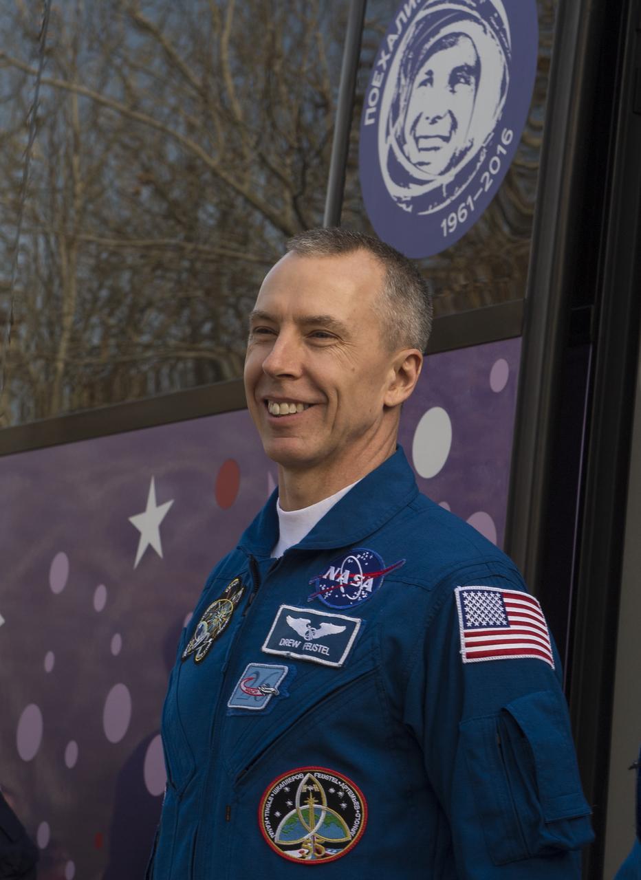 Expedition 55 Soyuz flight engineer Drew Feustel of NASA is seen as he and fellow crewmates Oleg Artemyev of Roscosmos and Ricky Arnold of NASA depart the Cosmonaut Hotel to suit-up for their Soyuz launch to the International Space Station, Wednesday, March 21, 2018 in Baikonur, Kazakhstan. Arnold, Artemyev, and Feustel launched aboard the Soyuz MS-08 spacecraft at 1:44 p.m. Eastern time (11:44 p.m. Baikonur time) on March 21 to begin their journey to the International Space Station. Photo Credit: (NASA/Joel Kowsky)