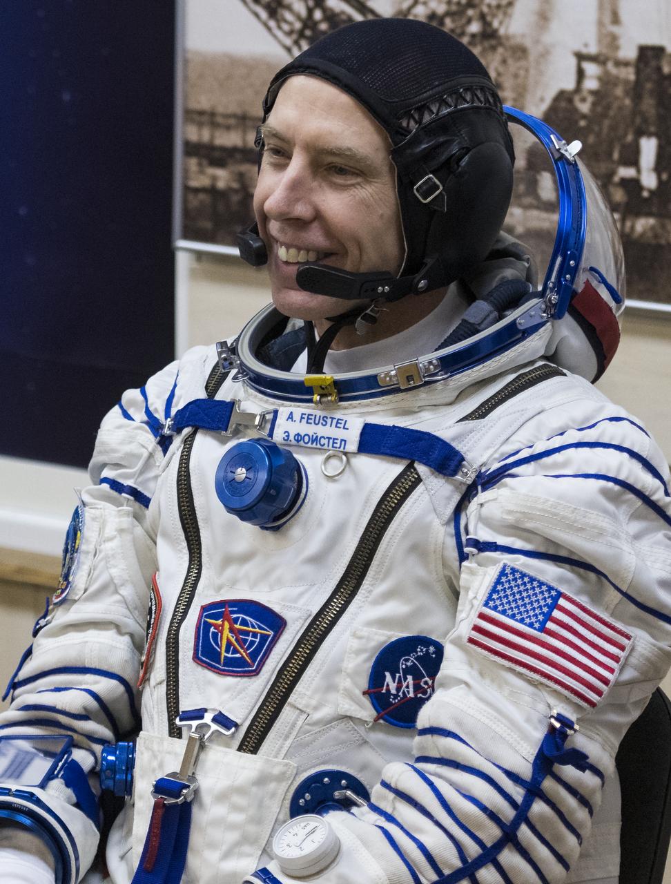 Expedition 55 flight engineer Drew Feustel of NASA is seen as he waits to have his Russian Sokol suit pressure checked in preparation for launch aboard the Soyuz MS-08 spacecraft, Wednesday, March 21, 2018 at the Baikonur Cosmodrome in Kazakhstan. Feustel, Soyuz Commander Oleg Artemyev of Roscosmos, and flight engineer Ricky Arnold of NASA launched aboard the Soyuz MS-08 spacecraft at 1:44 p.m. Eastern time (11:44 p.m. Baikonur time) on March 21 to begin their journey to the International Space Station. Photo Credit: (NASA/Joel Kowsky)