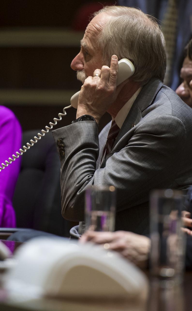 NASA Associate Administrator for the Human Exploration and Operations Mission Directorate Bill Gerstenmaier speaks with the Soyuz MS-08 crew from the Moscow Mission Control Center in Korolev, Russia a few hours after the Soyuz MS-08 docked to the International Space Station on Saturday, March 24, 2018. Hatches were opened at 5:48 p.m. Eastern time on March 23 (12:48 a.m. Moscow time on March 24) and Oleg Artemyev of Roscosmos, Ricky Arnold of NASA and Drew Feustel of NASA joined Expedition 55 Commander Anton Shkaplerov of Roscosmos, Scott Tingle of NASA, and Norishige Kanai of the Japan Aerospace Exploration Agency (JAXA) onboard the orbiting laboratory.  Photo Credit: (NASA/Joel Kowsky)