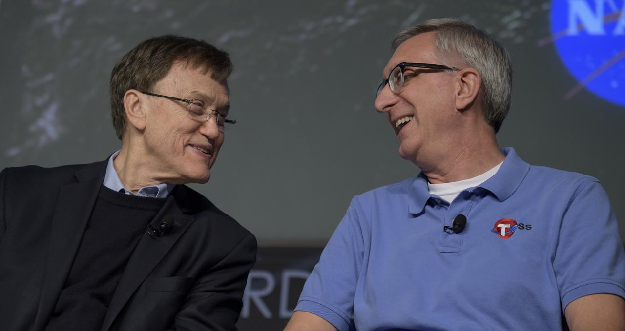 George Ricker, TESS principal investigator, MIT Kavli Institute for Astrophysics and Space Research, left, and Jeff Volosin, TESS project manager, NASA’s Goddard Space Flight Center, discuss the upcoming launch of NASA’s next planet hunter, the Transiting Exoplanet Survey Satellite (TESS), Wednesday, March 28, 2018 at NASA Headquarters in Washington. Photo Credit: (NASA/Bill Ingalls)