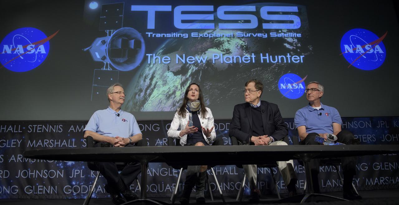 NASA Astrophysics Division director Paul Hertz, left, Sara Seager, TESS deputy director of science, MIT, George Ricker, TESS principal investigator, MIT Kavli Institute for Astrophysics and Space Research, and Jeff Volosin, TESS project manager, NASA’s Goddard Space Flight Center, right, discuss the upcoming launch of NASA’s next planet hunter, the Transiting Exoplanet Survey Satellite (TESS), Wednesday, March 28, 2018 at NASA Headquarters in Washington. Photo Credit: (NASA/Bill Ingalls)