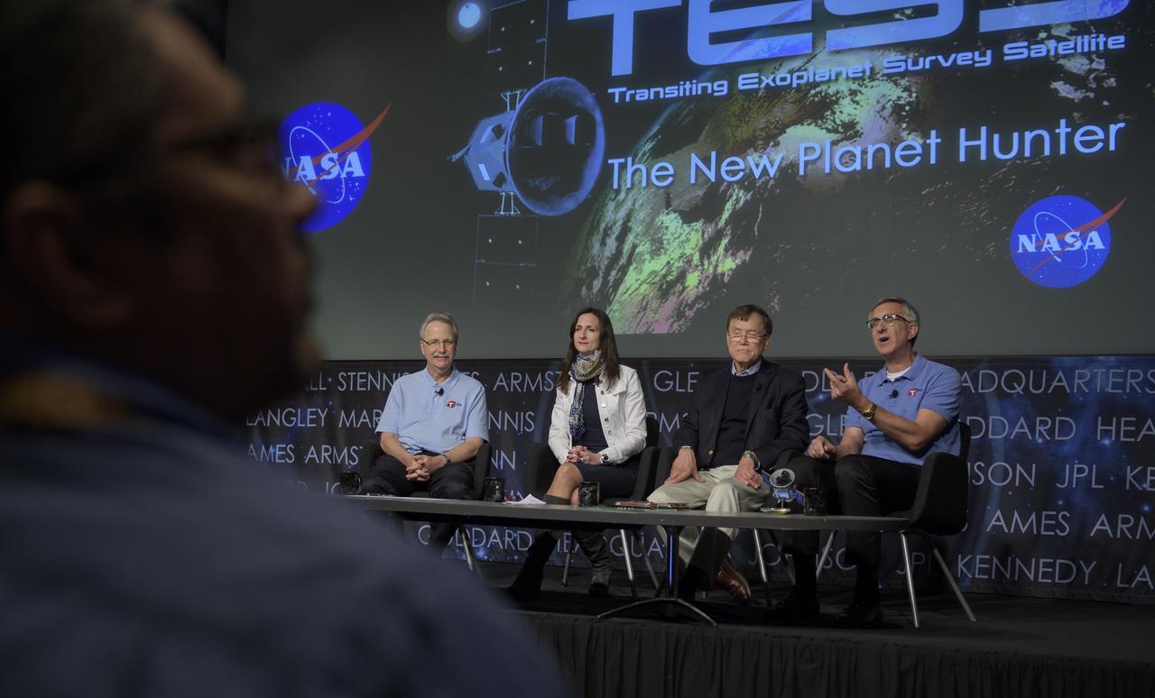 NASA Astrophysics Division director Paul Hertz, left, Sara Seager, TESS deputy director of science, MIT, George Ricker, TESS principal investigator, MIT Kavli Institute for Astrophysics and Space Research, and Jeff Volosin, TESS project manager, NASA’s Goddard Space Flight Center, right, discuss the upcoming launch of NASA’s next planet hunter, the Transiting Exoplanet Survey Satellite (TESS), Wednesday, March 28, 2018 at NASA Headquarters in Washington. Photo Credit: (NASA/Bill Ingalls)