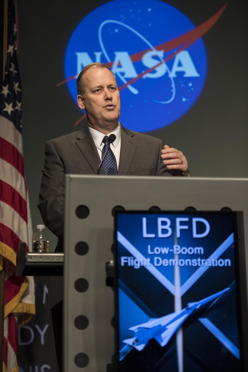 Dave Richardson, director, Air Vehicle Design and Technologies, Lockheed Martin Skunk Works, speaks after the announcement that Lockheed Martin won the contract to develop the first X-plane at a briefing, Tuesday, April 3, 2018 at NASA Headquarters in Washington. This new experimental aircraft will cut cross country travel times in half by flying faster than the speed of sound without creating a sonic boom, enabling travel from New York to Los Angeles in two hours. Photo Credit: (NASA/Aubrey Gemignani)