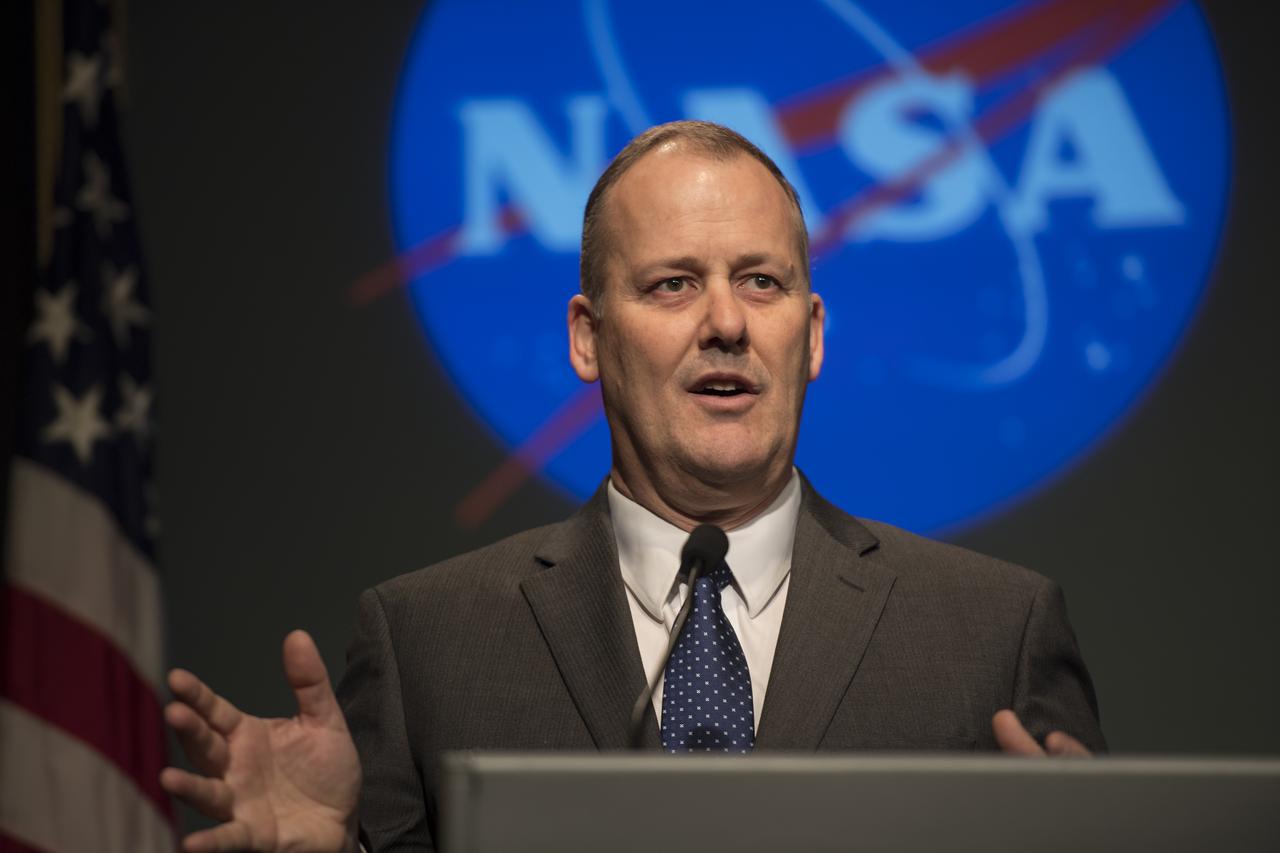 Dave Richardson, director, Air Vehicle Design and Technologies, Lockheed Martin Skunk Works, speaks after the announcement that Lockheed Martin won the contract to develop the first X-plane at a briefing, Tuesday, April 3, 2018 at NASA Headquarters in Washington. This new experimental aircraft will cut cross country travel times in half by flying faster than the speed of sound without creating a sonic boom, enabling travel from New York to Los Angeles in two hours. Photo Credit: (NASA/Aubrey Gemignani)