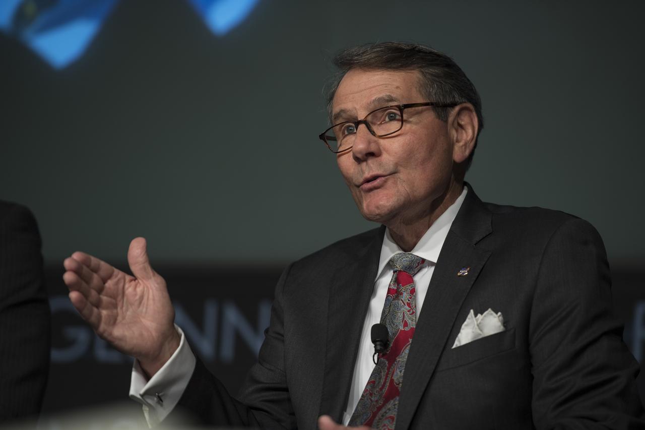 Dr. Ed Waggoner, program director, Integrated Aviation Systems Program, NASA, speaks at a briefing on the Low Boom Flight Demonstrator, Tuesday, April 3, 2018 at NASA Headquarters in Washington. This new experimental aircraft will cut cross country travel times in half by flying faster than the speed of sound without creating a sonic boom, enabling travel from New York to Los Angeles in two hours. Photo Credit: (NASA/Aubrey Gemignani)