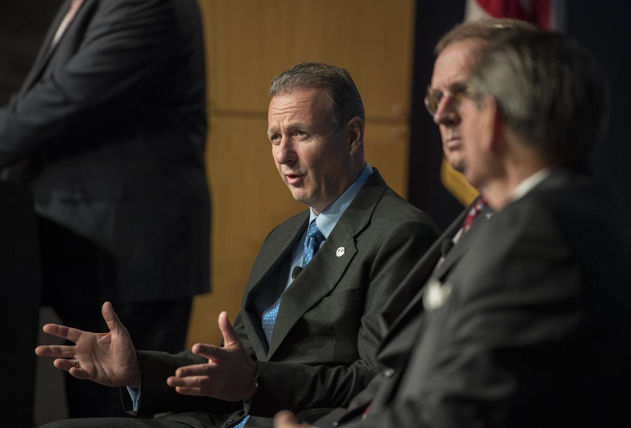 Peter Iosifidis, program manager, Low-Boom Flight Demonstrator, Lockheed Martin Skunk Works, speaks on a panel at a briefing after Lockheed Martin was awarded the contract to develop the first X-plane, Tuesday, April 3, 2018 at NASA Headquarters in Washington. This new experimental aircraft will cut cross country travel times in half by flying faster than the speed of sound without creating a sonic boom, enabling travel from New York to Los Angeles in two hours. Photo Credit: (NASA/Aubrey Gemignani)