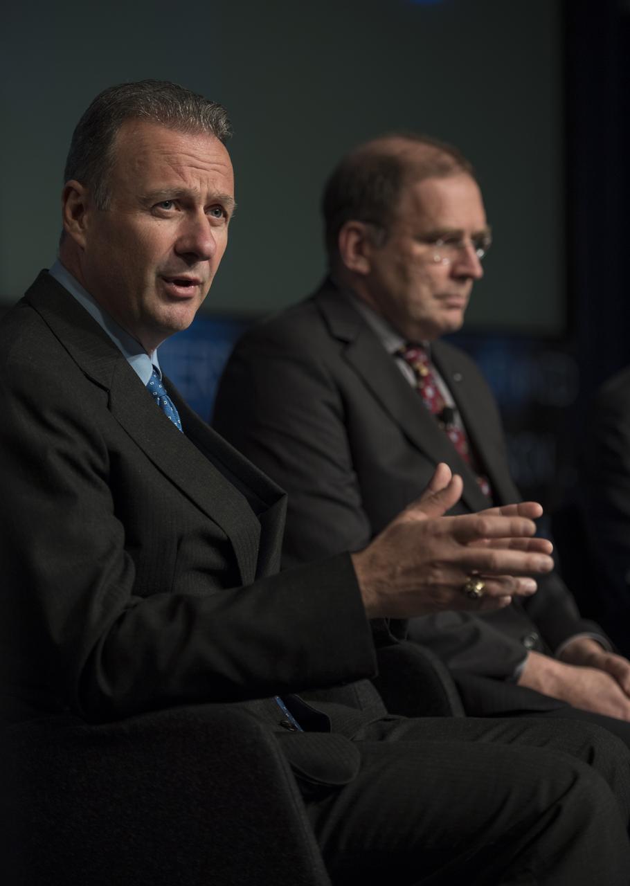 Peter Iosifidis, program manager, Low-Boom Flight Demonstrator, Lockheed Martin Skunk Works, speaks on a panel at a briefing after Lockheed Martin was awarded the contract to develop the first X-plane, Tuesday, April 3, 2018 at NASA Headquarters in Washington. This new experimental aircraft will cut cross country travel times in half by flying faster than the speed of sound without creating a sonic boom, enabling travel from New York to Los Angeles in two hours. Photo Credit: (NASA/Aubrey Gemignani)
