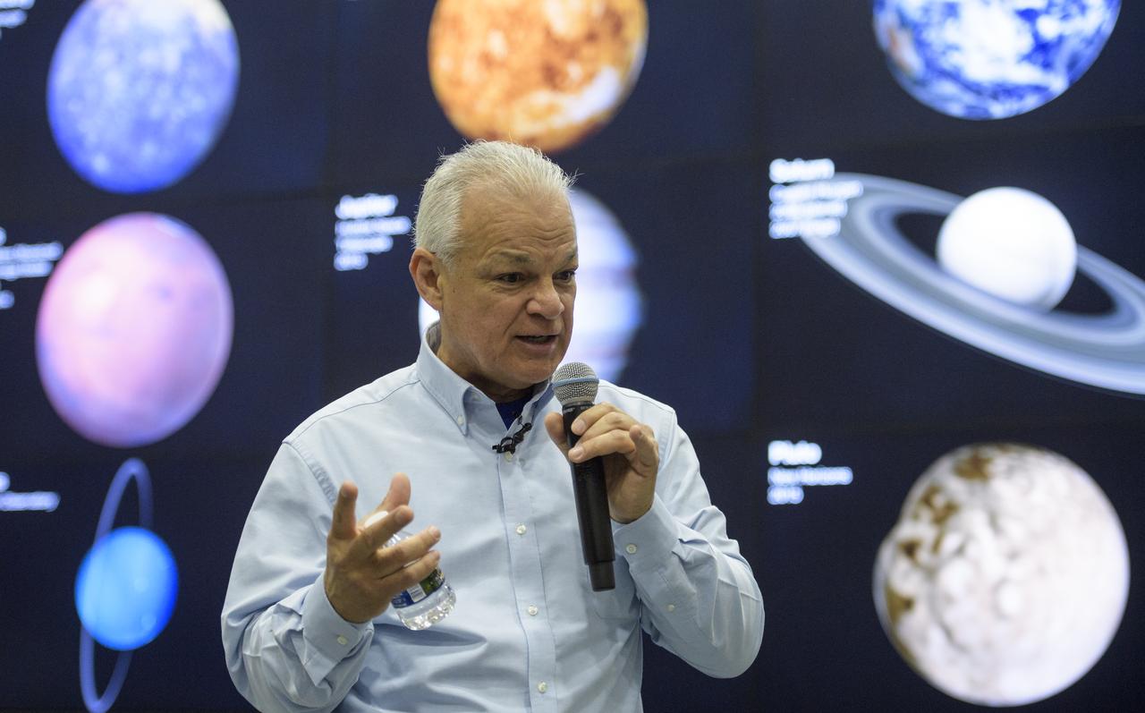 NASA Acting Chief Technologist Douglas Terrier speaks about technology challenges for the Moon, Mars, and beyond during Sneak Peek Friday at the USA Science and Engineering Festival, Friday, April 6, 2018 at the Walter E. Washington Convention Center in Washington, DC.  The festival is open to the public April 7-8.  Photo Credit: (NASA/Joel Kowsky)