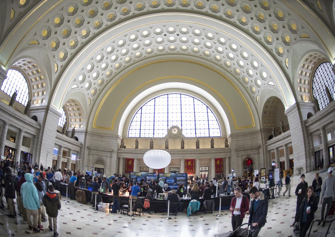 A view of the exhibits at NASA's Earth Day event on Thursday, April 19, 2018 at Union Station in Washington, D.C. Photo Credit: (NASA/Aubrey Gemignani)