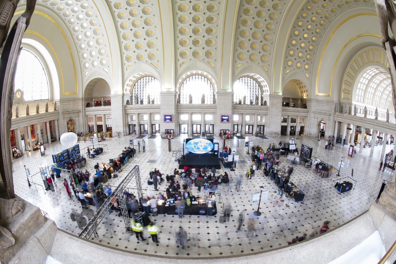 A view of the exhibits at NASA's Earth Day event on Thursday, April 19, 2018 at Union Station in Washington, D.C. Photo Credit: (NASA/Aubrey Gemignani)