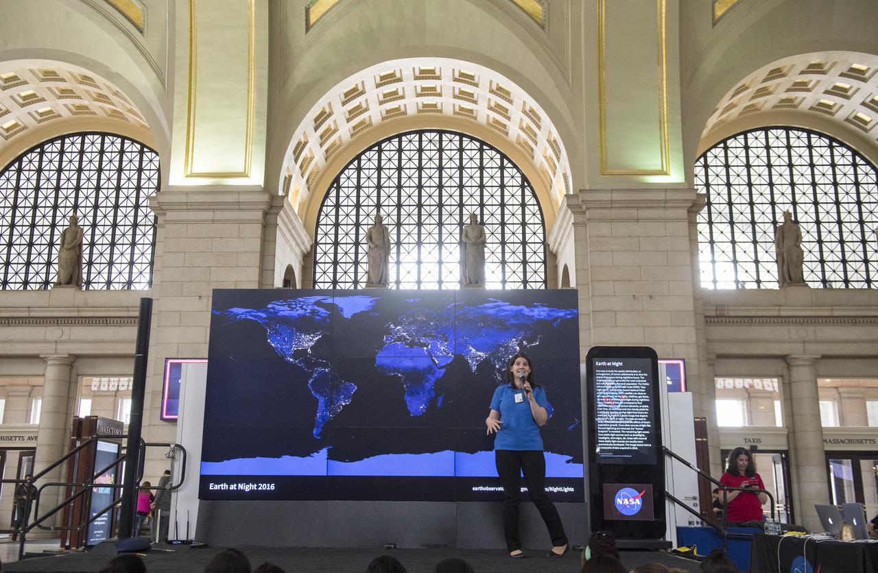 Dr. Allison Leidner, scientist, Earth Science Division, NASA Headquarters, speaks about Earth’s biodiversity at NASA's Earth Day event on Thursday, April 19, 2018 at Union Station in Washington, D.C. Photo Credit: (NASA/Aubrey Gemignani)