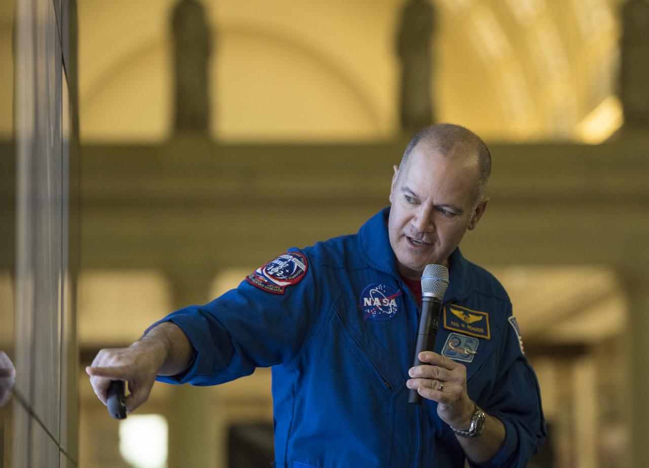 Former NASA astronaut, Paul Richards, speaks about his experience viewing Earth from space at NASA's Earth Day event on Thursday, April 19, 2018 at Union Station in Washington, D.C. Photo Credit: (NASA/Aubrey Gemignani)