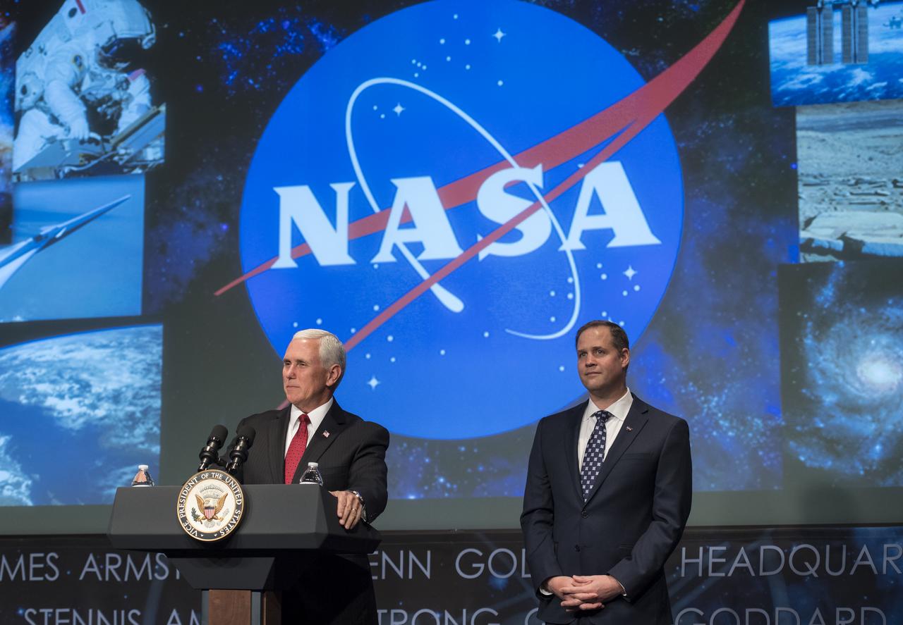 Vice President Mike Pence speaks prior to the swearing-in of Jim Bridenstine as the 13th NASA Administrator, Monday, April 23, 2018 at NASA Headquarters in Washington. Photo Credit: (NASA/Joel Kowsky)