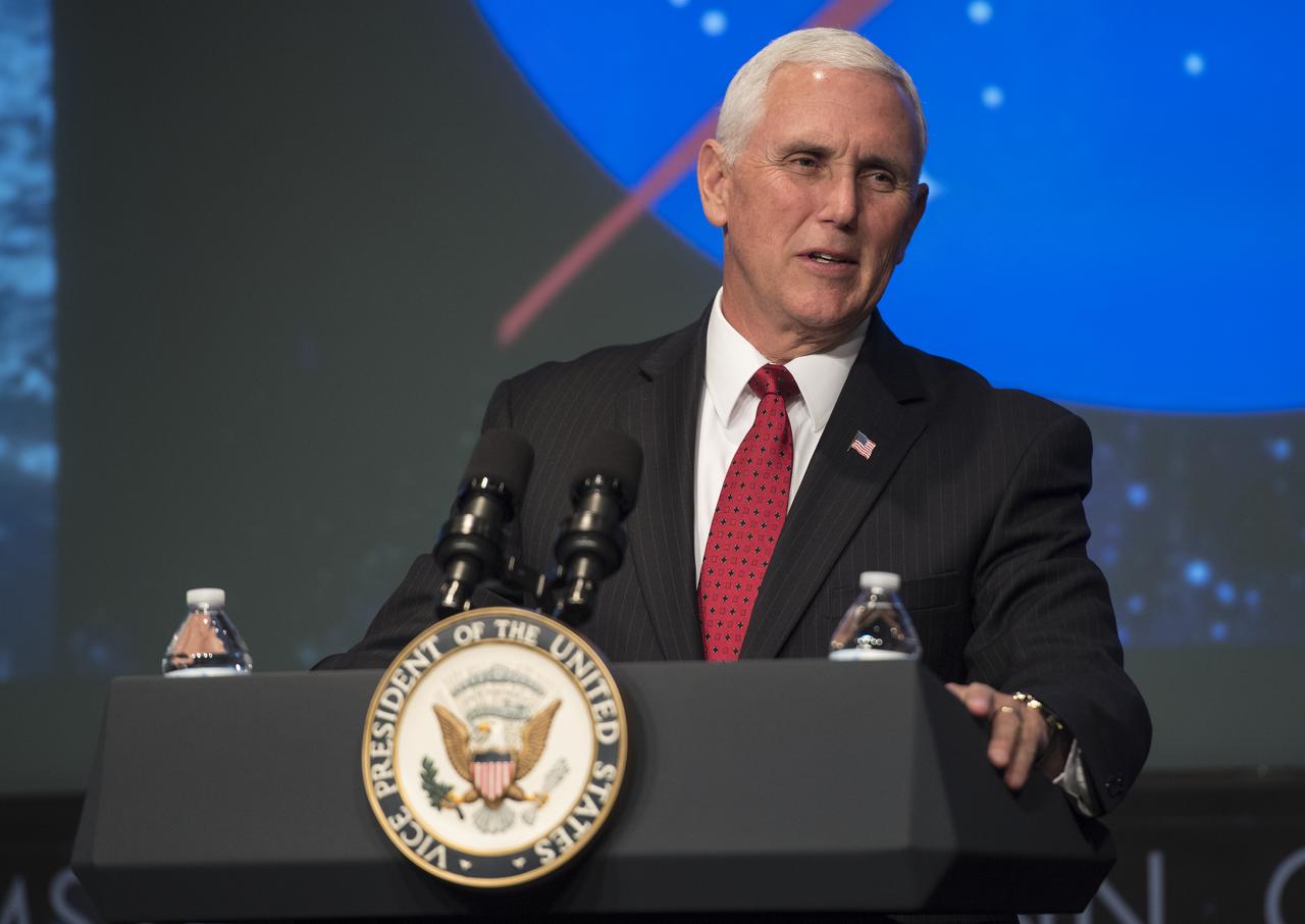 Vice President Mike Pence speaks prior to the swearing-in of Jim Bridenstine as the 13th NASA Administrator,  Monday, April 23, 2018 at NASA Headquarters in Washington. Photo Credit: (NASA/Joel Kowsky)