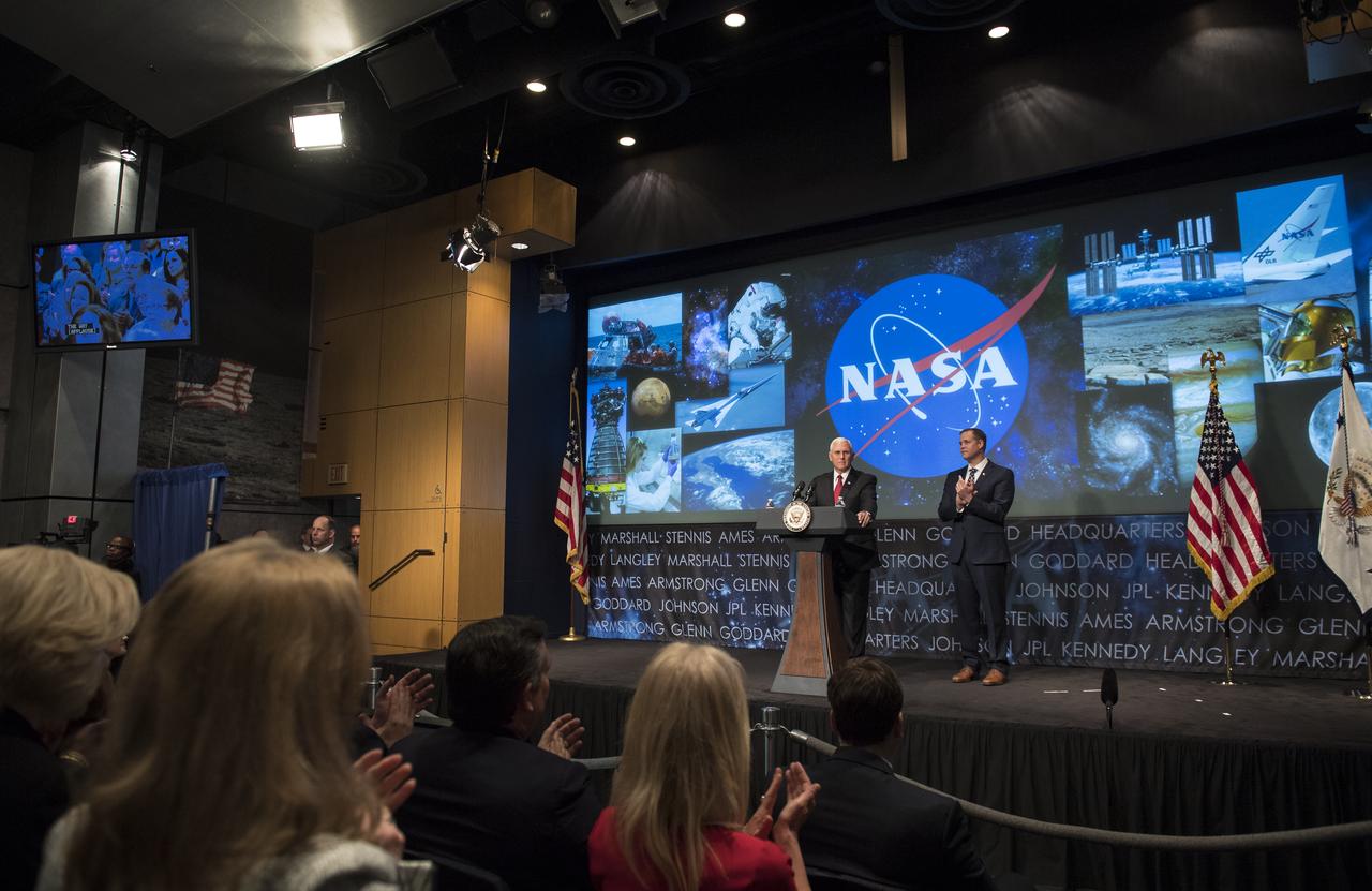 Vice President Mike Pence speaks prior to the swearing-in of Jim Bridenstine as the 13th NASA Administrator,  Monday, April 23, 2018 at NASA Headquarters in Washington. Photo Credit: (NASA/Joel Kowsky)