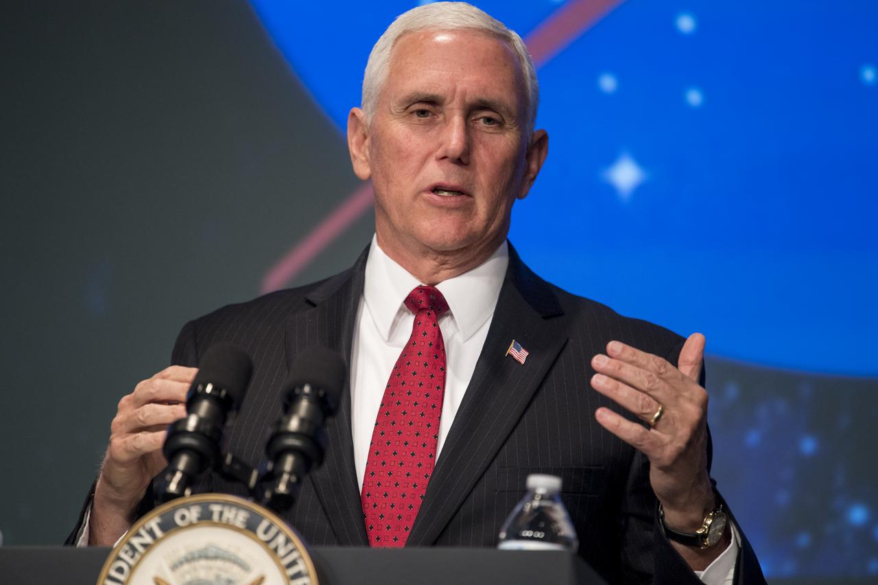 Vice President Mike Pence speaks prior to the swearing-in of Jim Bridenstine as the 13th NASA Administrator,  Monday, April 23, 2018 at NASA Headquarters in Washington. Photo Credit: (NASA/Joel Kowsky)