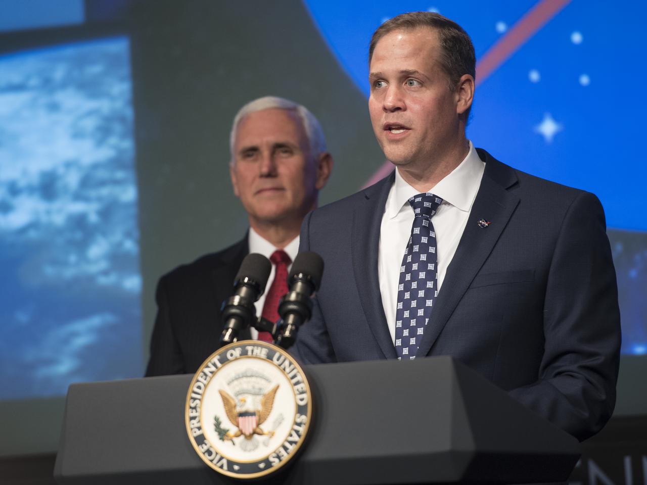 NASA Administrator Jim Bridenstine speaks after being sworn-in as they agency's 13th administrator as Vice President Mike Pence looks on, Monday, April 23, 2018 at NASA Headquarters in Washington. Photo Credit: (NASA/Joel Kowsky)