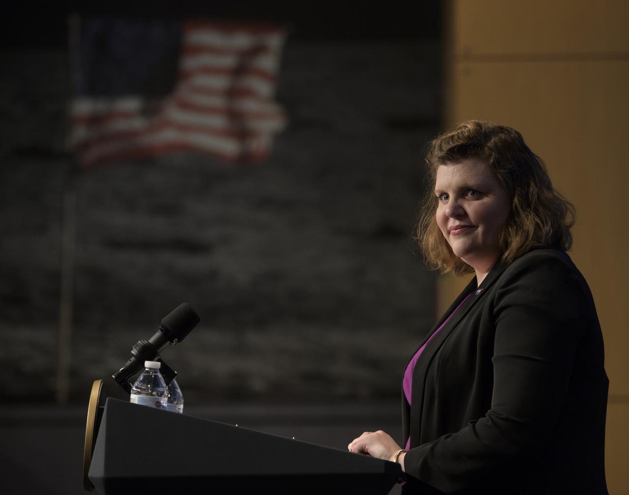 NASA Associate Administrator for the Office of Communications Jen Rae Wang introduces Jim Bridenstine and Vice President Mike Pence ahead of Bridenstine being sworn in as the 13th NASA Administrator, Monday, April 23, 2018 at NASA Headquarters in Washington. Photo Credit: (NASA/Bill Ingalls)