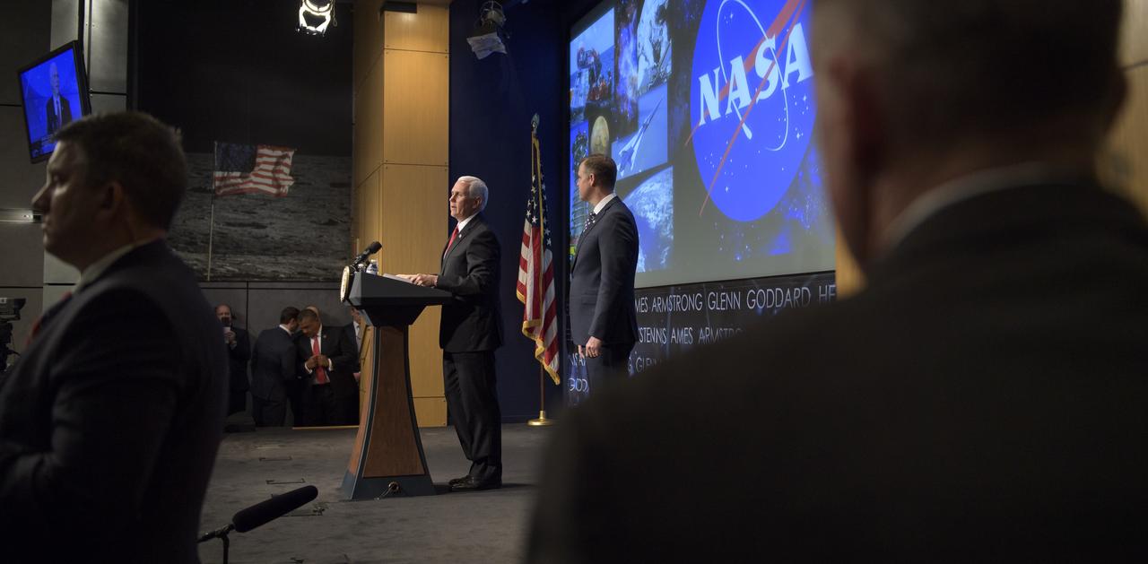 Vice President Mike Pence speaks during an event where Jim Bridenstine, right, is sworn in as the 13th NASA Administrator, Monday, April 23, 2018 at NASA Headquarters in Washington. Photo Credit: (NASA/Bill Ingalls)