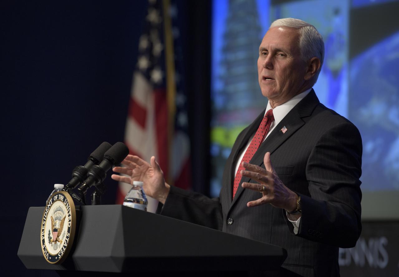 Vice President Mike Pence speaks during an event where Jim Bridenstine is sworn in as the 13th NASA Administrator, Monday, April 23, 2018 at NASA Headquarters in Washington. Photo Credit: (NASA/Bill Ingalls)