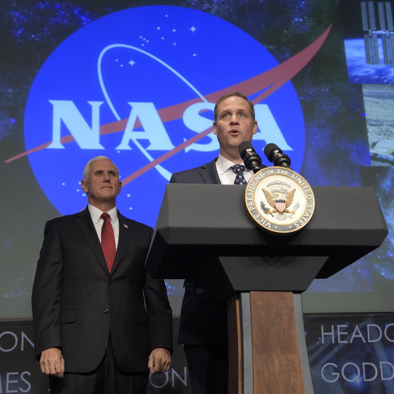 NASA Administrator Jim Bridenstine speaks shortly after being sworn into office by Vice President Mike Pence, Monday, April 23, 2018 at NASA Headquarters in Washington. Photo Credit: (NASA/Bill Ingalls)