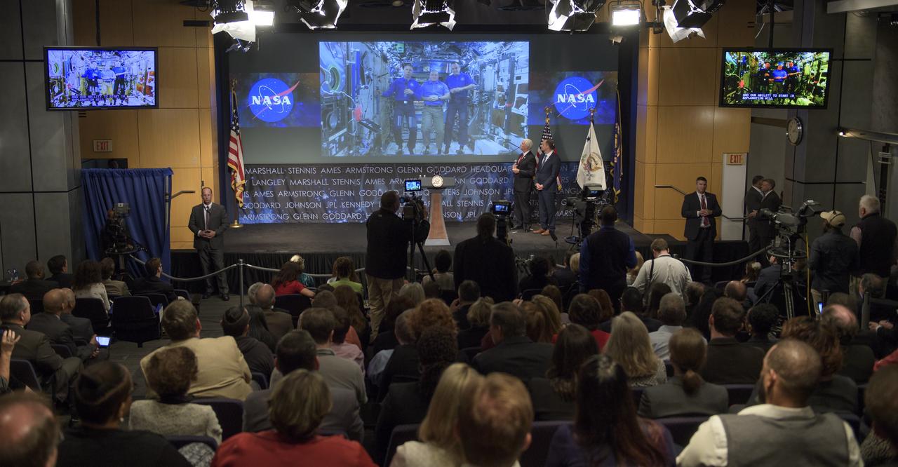 Vice President Mike Pence, and NASA Administrator Jim Bridenstine talk with NASA astronauts Scott Tingle, Andrew Feustel, and Ricky Arnold who are onboard the International Space Station, Monday, April 23, 2018 at NASA Headquarters in Washington. Bridenstine was just sworn in by the Vice President as NASA's 13th Administrator. Photo Credit: (NASA/Bill Ingalls)