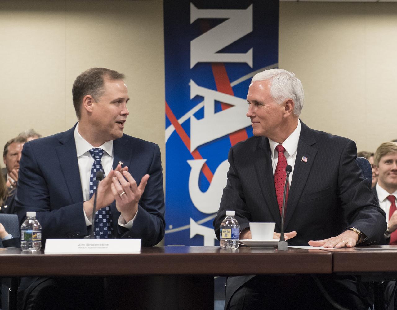 NASA Administrator Jim Bridenstine, left, Vice President Mike Pence, and NASA Chief Financial Officer, Jeff DeWit, right, meet with NASA leadership, Monday, April 23, 2018 at NASA Headquarters in Washington. Bridenstine was just sworn in by the Vice President as NASA's 13th Administrator. Photo Credit: (NASA/Aubrey Gemignani)
