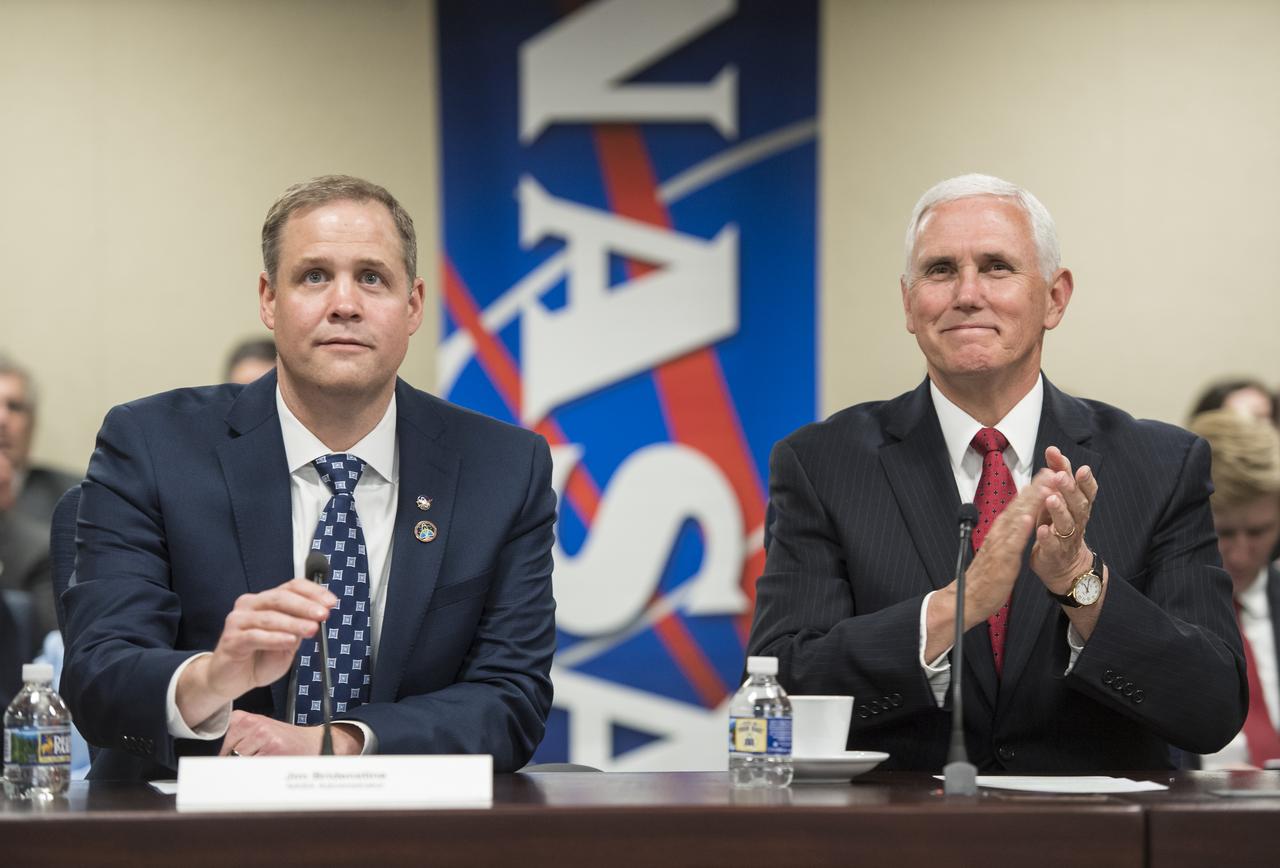 NASA Administrator Jim Bridenstine, left, and Vice President Mike Pence, meet with NASA leadership, Monday, April 23, 2018 at NASA Headquarters in Washington. Bridenstine was just sworn in by the Vice President as NASA's 13th Administrator. Photo Credit: (NASA/Aubrey Gemignani)