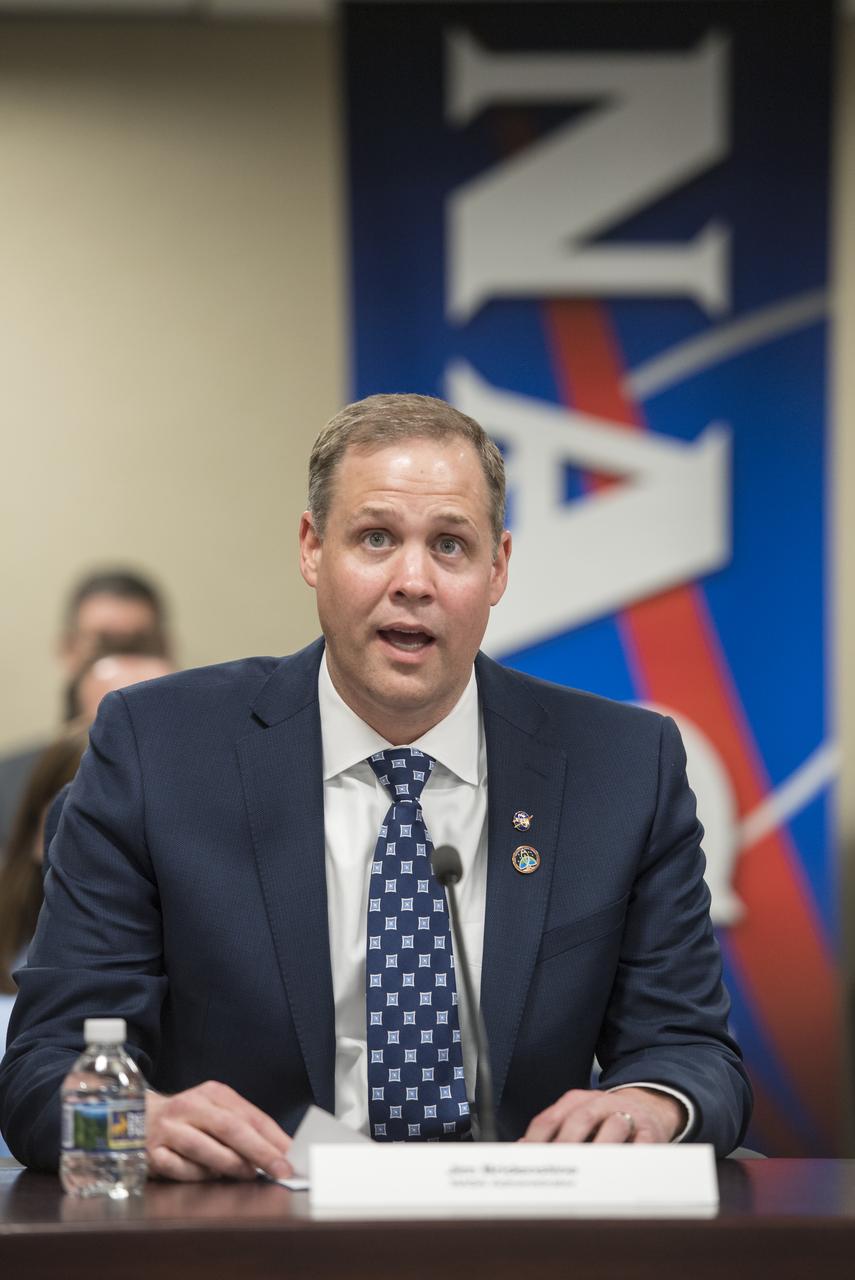 NASA Administrator Jim Bridenstine, speaks with NASA leadership by video conference, Monday, April 23, 2018 at NASA Headquarters in Washington. Bridenstine was just sworn in by Vice President Mike Pence as NASA's 13th Administrator. Photo Credit: (NASA/Aubrey Gemignani)