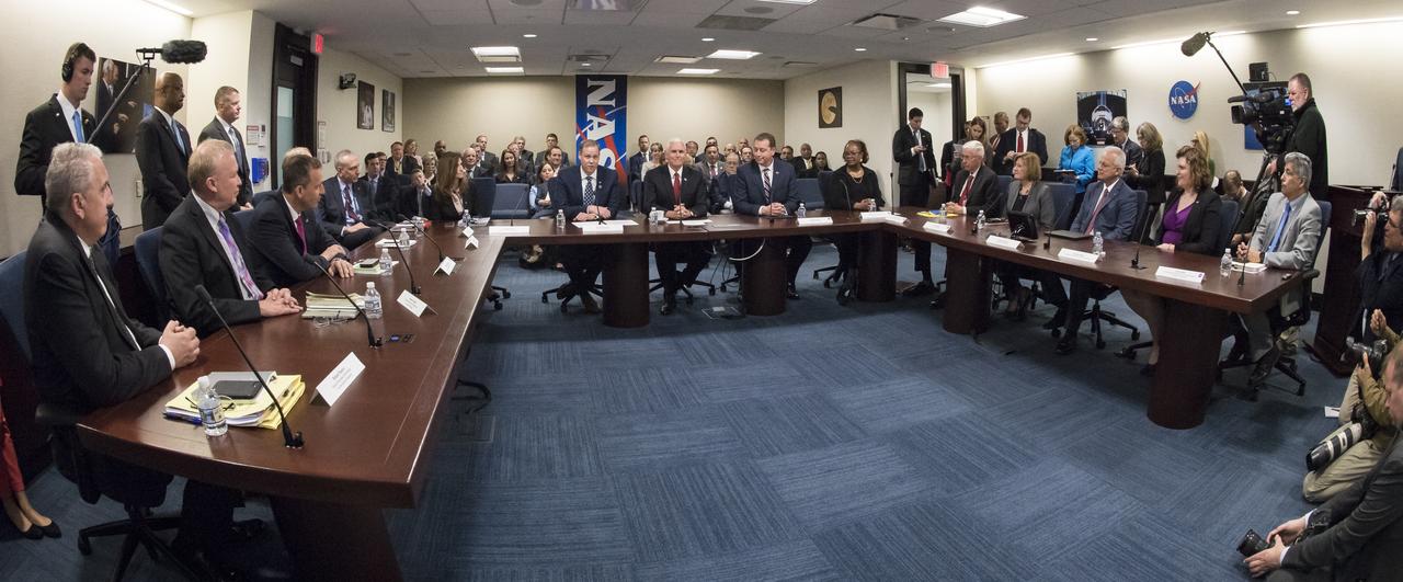 NASA Administrator Jim Bridenstine, left, Vice President Mike Pence, and Chief Financial Officer Jeff DeWit, right, meet with NASA leadership, Monday, April 23, 2018 at NASA Headquarters in Washington. Bridenstine was just sworn in by the Vice President as NASA's 13th Administrator. Photo Credit: (NASA/Aubrey Gemignani)