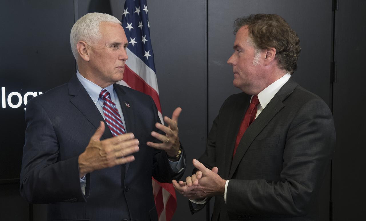 U.S. Vice President Mike Pence, left, meets with JPL Director Michael Watkins during a tour of NASA's Jet Propulsion Laboratory, Saturday, April 28, 2018 in Pasadena, California. Photo Credit: (NASA/Bill Ingalls)