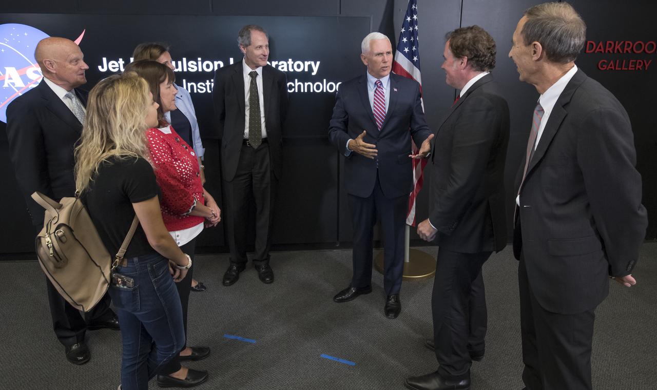 U.S. Vice President Mike Pence, 3rd from right, tours NASA's Jet Propulsion Laboratory along with his wife Karen, and daughter Charlotte, Saturday, April 28, 2018 in Pasadena, California. Joining the Vice President t and his family on the tour are: UAG Chairman, Admiral (Ret) James Ellis , left, JPL Distinguished Visiting Scientist and Spouse of UAG Chairman James Ellis, Elisabeth Pate-Cornell, behind Mrs. Pence, California Institute of Technology President Thomas Rosenbaum, JPL Director Michael Watkins, and JPL Deputy Director Lt. Gen. (Ret) Larry James, right. Photo Credit: (NASA/Bill Ingalls)