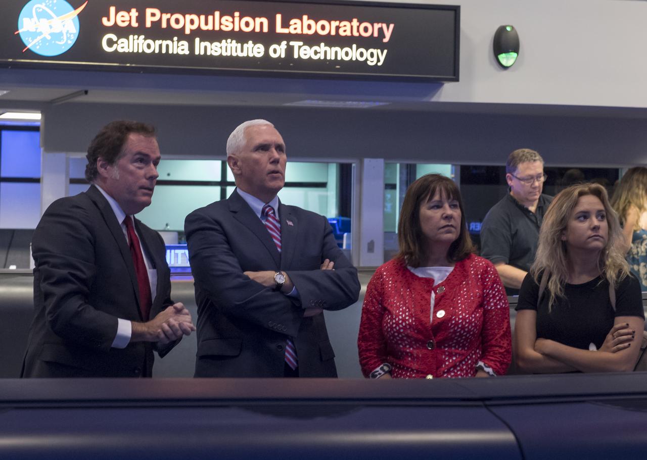U.S. Vice President Mike Pence, 2nd from left, his wife Karen, and daughter Charlotte are given a tour of NASA's Jet Propulsion Laboratory by JPL Director Michael Watkins, Saturday, April 28, 2018 in Pasadena, California. Photo Credit: (NASA/Bill Ingalls)