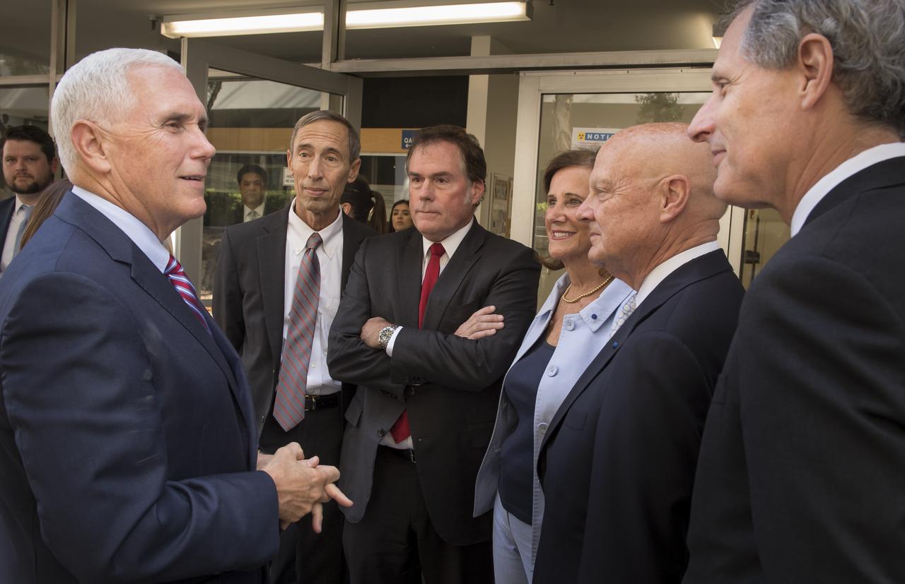 U.S. Vice President Mike Pence, left, thanks JPL Deputy Director Lt. Gen. (Ret) Larry James, JPL Director Michael Watkins, JPL Distinguished Visiting Scientist and Spouse of UAG Chairman James Ellis, Elisabeth Pate-Cornell , UAG Chairman, Admiral (Ret) James Ellis , and California Institute of Technology President Thomas Rosenbaum, right, for giving him a tour of NASA's Jet Propulsion Laboratory, Saturday, April 28, 2018 in Pasadena, California. Photo Credit: (NASA/Bill Ingalls)