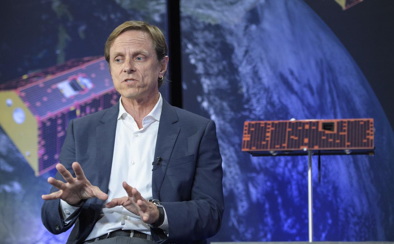 Frank Webb, GRACE-FO project scientist at JPL, discusses the upcoming launch of the Gravity Recovery and Climate Experiment Follow-On (GRACE-FO) mission, Monday, April 30, 2018 at NASA Headquarters in Washington. The twin GRACE-FO spacecraft will measure and monitor monthly changes in how mass is redistributed within and among Earth's atmosphere, oceans, land and ice sheets, as well as within Earth itself. Photo Credit: (NASA/Joel Kowsky)