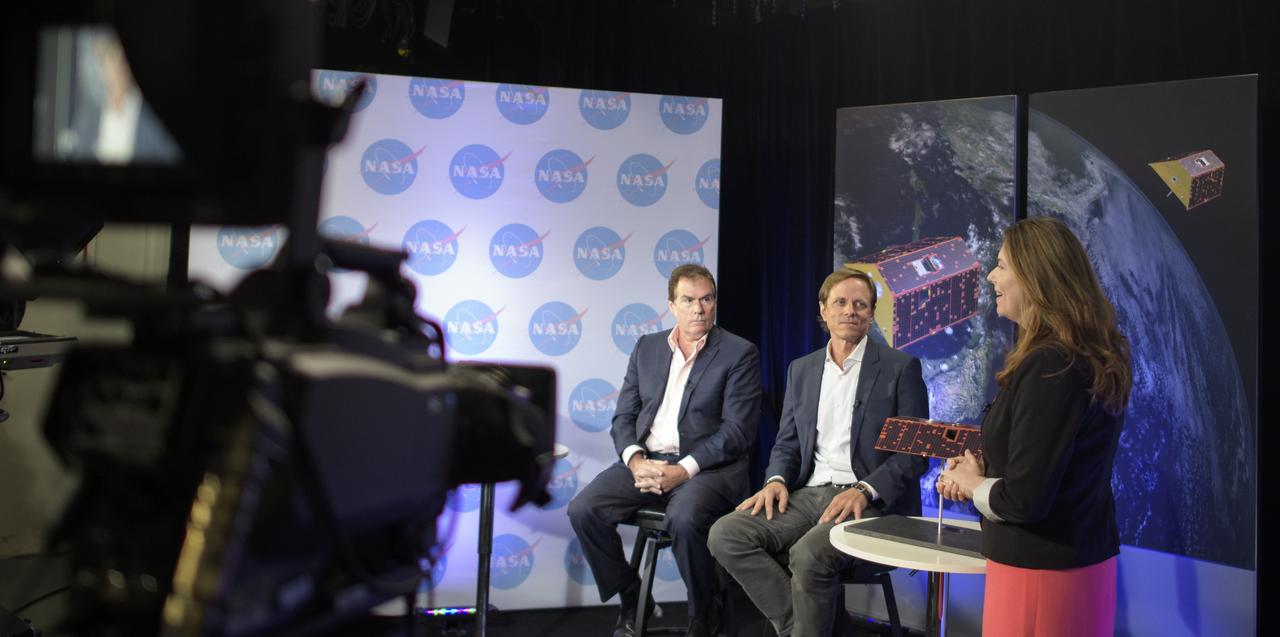 Karen Fox, of NASA's Office of Communications, right, discusses the upcoming launch of the Gravity Recovery and Climate Experiment Follow-On (GRACE-FO) mission with Michael Watkins, GRACE-FO science lead and director of NASA's Jet Propulsion Laboratory, left, and Frank Webb, GRACE-FO project scientist at JPL, Monday, April 30, 2018 at NASA Headquarters in Washington. The twin GRACE-FO spacecraft will measure and monitor monthly changes in how mass is redistributed within and among Earth's atmosphere, oceans, land and ice sheets, as well as within Earth itself. Photo Credit: (NASA/Joel Kowsky)