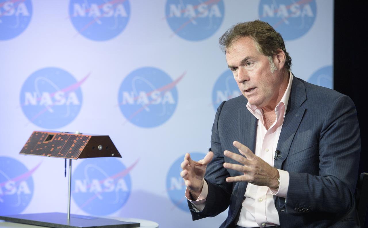 Michael Watkins, GRACE-FO science lead and director of NASA's Jet Propulsion Laboratory, discusses the upcoming launch of the Gravity Recovery and Climate Experiment Follow-On (GRACE-FO) mission, Monday, April 30, 2018 at NASA Headquarters in Washington. The twin GRACE-FO spacecraft will measure and monitor monthly changes in how mass is redistributed within and among Earth's atmosphere, oceans, land and ice sheets, as well as within Earth itself. Photo Credit: (NASA/Joel Kowsky)