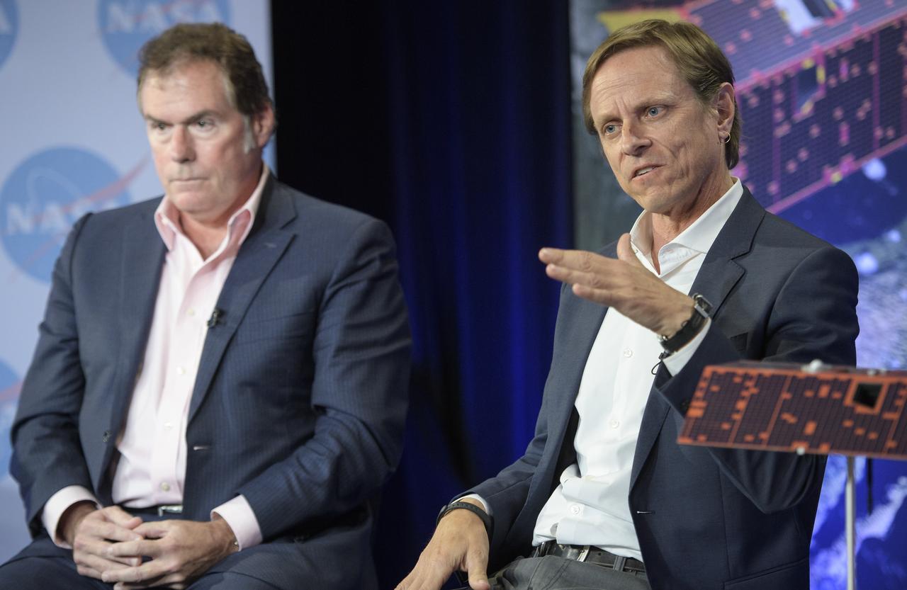 Frank Webb, GRACE-FO project scientist at JPL, discusses the upcoming launch of the Gravity Recovery and Climate Experiment Follow-On (GRACE-FO) mission, Monday, April 30, 2018 at NASA Headquarters in Washington. The twin GRACE-FO spacecraft will measure and monitor monthly changes in how mass is redistributed within and among Earth's atmosphere, oceans, land and ice sheets, as well as within Earth itself. Photo Credit: (NASA/Joel Kowsky)