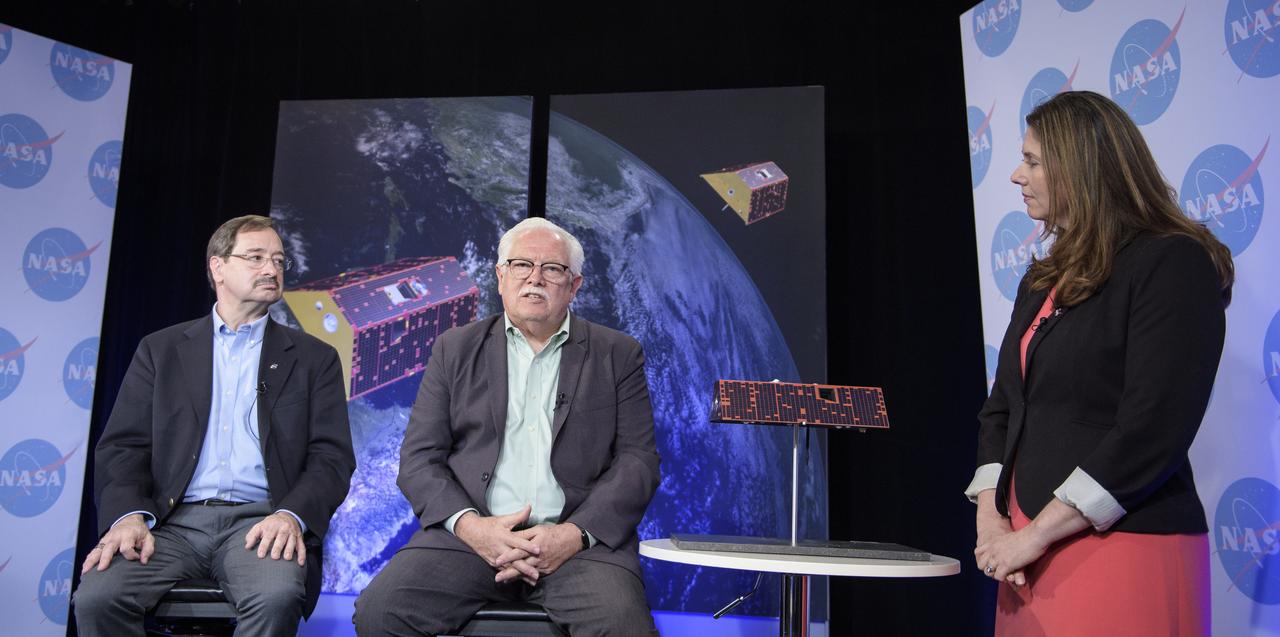 David Jarrett, GRACE-FO program executive in the Earth Science Division at NASA Headquarters, left, and Phil Morton, NASA GRACE-FO project manager at JPL, discuss the upcoming launch of the Gravity Recovery and Climate Experiment Follow-On (GRACE-FO) mission with Karen Fox of NASA's Office of Communications, Monday, April 30, 2018 at NASA Headquarters in Washington. The twin GRACE-FO spacecraft will measure and monitor monthly changes in how mass is redistributed within and among Earth's atmosphere, oceans, land and ice sheets, as well as within Earth itself. Photo Credit: (NASA/Joel Kowsky)