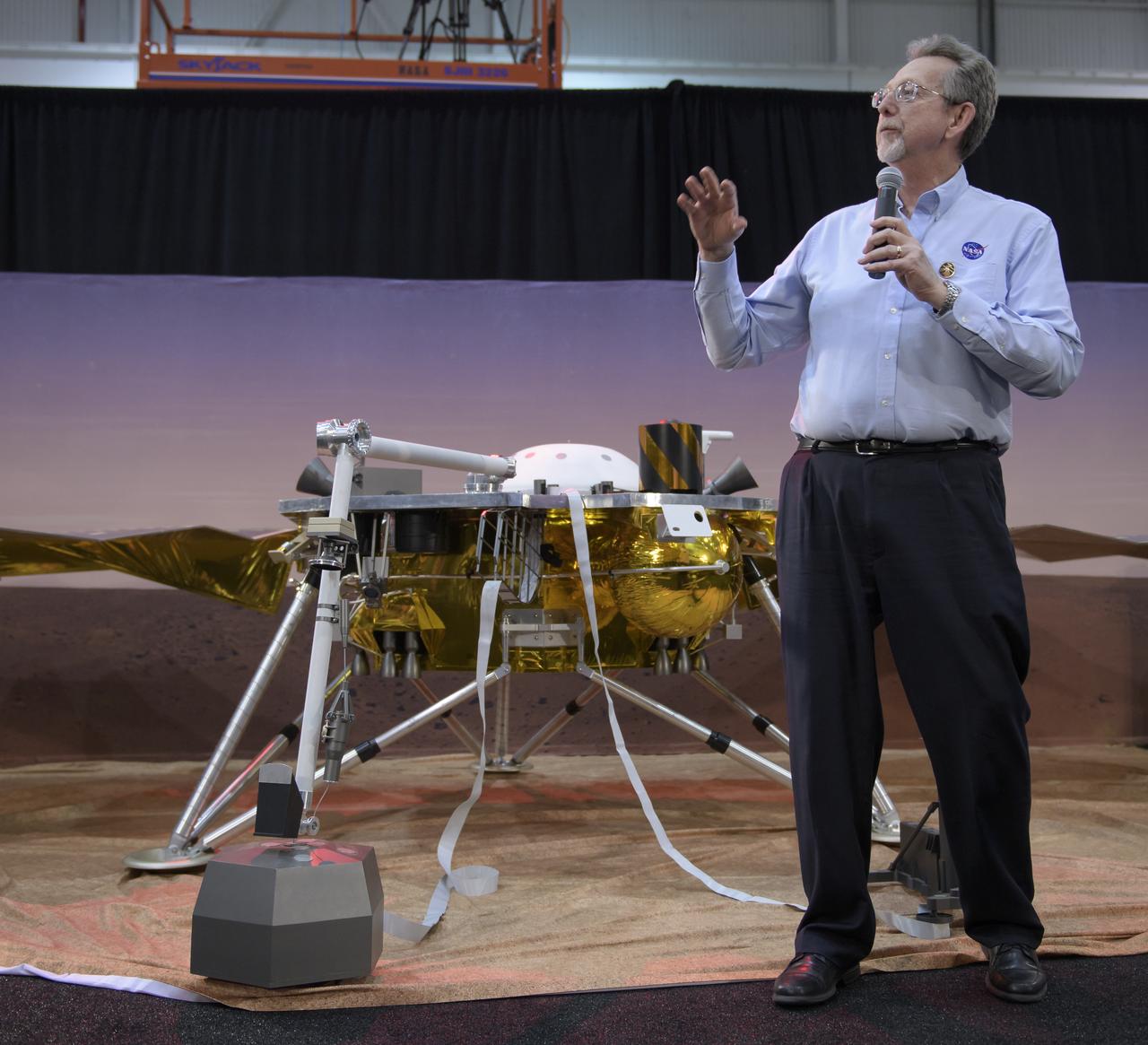 NASA Chief Scientist Jim Green discusses NASA's InSight mission during a prelaunch media briefing, Thursday, May 3, 2018, at Vandenberg Air Force Base in California. InSight, short for Interior Exploration using Seismic Investigations, Geodesy and Heat Transport, is a Mars lander designed to study the "inner space" of Mars: its crust, mantle, and core. Photo Credit: (NASA/Bill Ingalls)